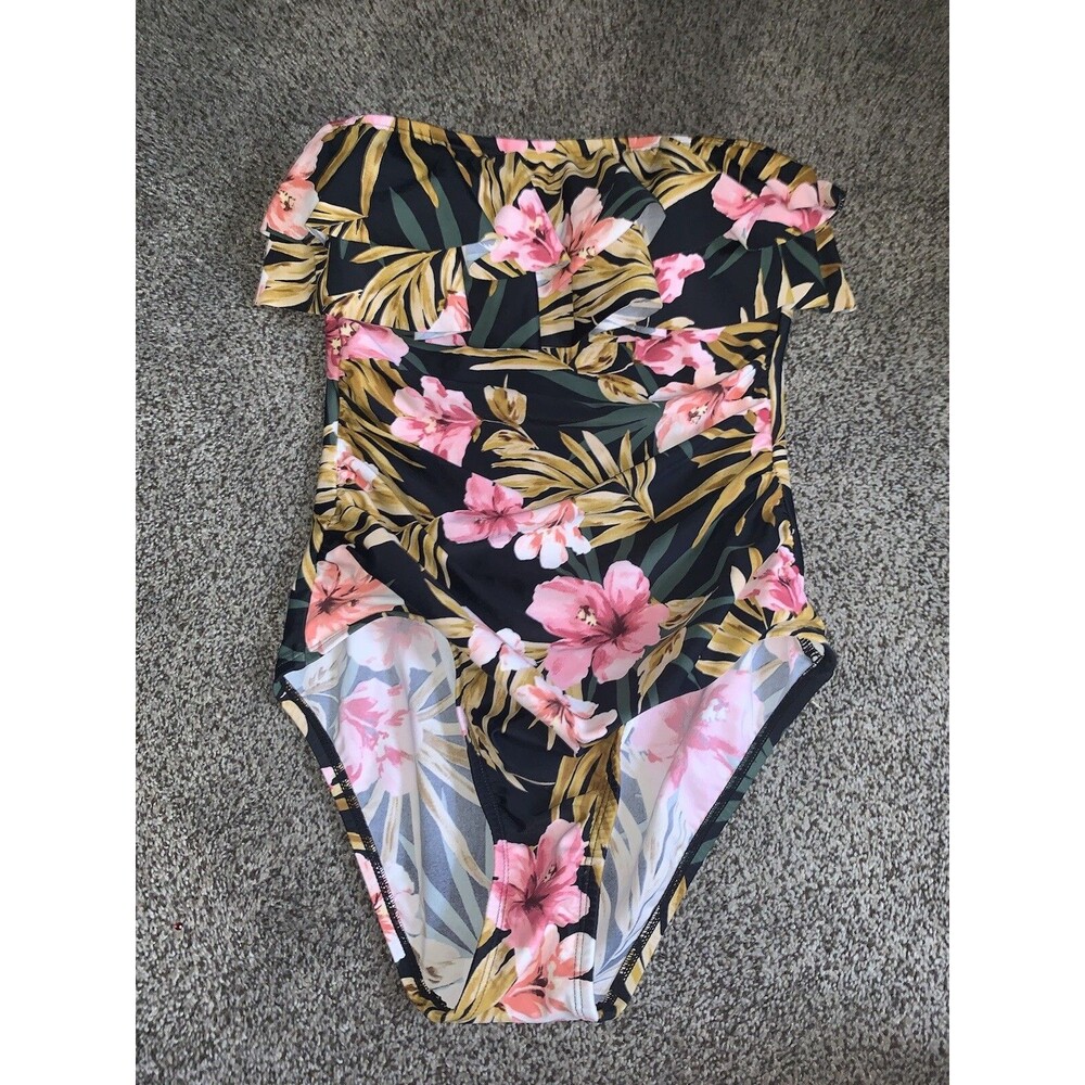 Kona Sol Black Ruffled Too Strapless Tropical Print One Piece Swimsuit Small
